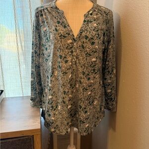 Women's Blue Green Floral Bird pattern Long-Sleeve Henley Top, small